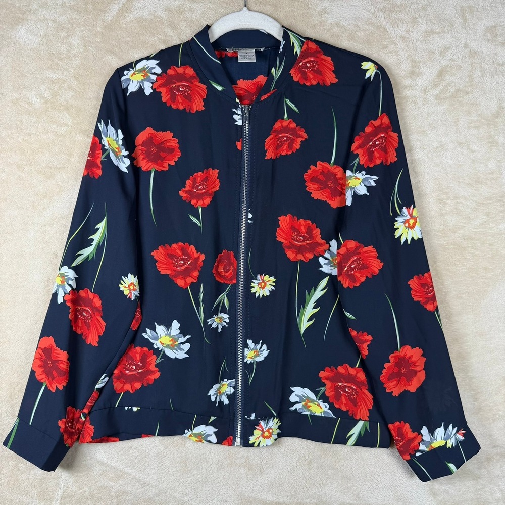 KIKIT Women Small Navy Blue Red Poppy Floral Sheer Zip Up Blouse Top Feminine